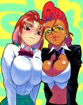 2girls blush breasts burugariya capcom cleavage crimson_viper crossover dark_skin glasses k_t_(burugariya) large_breasts lips momote_yaiko multiple_girls pompadour red_eyes red_hair smile street_fighter taizou_mote_king_saga