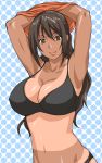 1girl armpits arms_up bags_under_eyes big_breasts black_bra black_panties bra breasts brown_eyes brown_hair dark_skin incest_paradise kuzukago_(bitchmaker) large_breasts lingerie long_hair looking_at_viewer no_graffiti panties polka_dot polka_dot_background shiny shiny_skin skindentation smile solo tan tan_line tank_top underwear underwear_only undressing