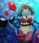 1girl big_breasts blank_eyes blank_stare captured cleavage dazed electrickronos empty_eyes exposed_pussy female glowing_eyes may_(pokemon) may_(pokemon_oras) mermaid mermaid_tail mind_control nintendo pearl_necklace pokemon pokemon_(species) pokemon_oras pokemon_rse red_bra red_eyes tentacle tentacle_between_breasts tentacle_in_pussy tentacle_sex tentacruel underwater water