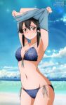 1girl 1girl 1girl alluring arms_above_head arms_up asada_shino beach big_breasts big_breasts big_breasts bikini black_hair brown_eyes cleavage clothes_lift female_only high_res legs lifted_by_self looking_at_viewer navel ocean shirt_lift short_hair shugo19 swimsuit sword_art_online thighs voluptuous water