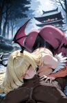 1boy1girl 1girl ai_generated ass blonde_hair cosplay curvy curvy_female curvy_figure dark-skinned_male dark_skin fellatio fellatio horns lusamine morrigan_aensland_(cosplay) nude pokemon pokemon_sm sex succubus_costume