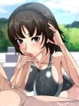 1boy 1girl 1girl big_breasts bikini blush censored fellatio fellatio makoto_niijima medium_breasts mosaic_censoring persona persona_5 pool silf swimmin swimsuit wet