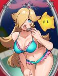 1girl 1girls alluring blonde_hair blue_eyes cleavage crown earrings frills hair_over_one_eye jewelry long_hair looking_at_viewer luma mario_(series) missandydandy nail_polish navel open_mouth princess_rosalina rosalina sparkle star_(symbol) star_earrings super_mario_bros. thigh_gap underwear wand