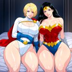 2_girls amazon arm_at_side arm_support arms_behind_back bangs bare_arms bare_legs bare_shoulders bed belt big_breasts black_hair blonde_female blonde_hair blue_belt blue_eyes blue_gloves blue_leotard bracer breasts cape cleavage cleavage_cutout clothing_cutout collarbone dc_comics dcau diana_prince dominuxalpha dominuxalpha_(artist) duo female/female female_only gloves gold_jewelry grin hair_between_eyes head_tilt heroine highleg highleg_leotard huge_breasts jewelry justice_league justice_league_unlimited justice_society_of_america legs leotard lips lipstick long_cape long_hair looking_at_viewer makeup multicolored_clothes multicolored_leotard multiple_girls naughty_face neck on_bed parted_bangs parted_lips pink_lipstick power_girl red_cape red_leotard shiny shiny_skin short_hair side-by-side silver_jewelry sitting sitting_on_bed smile star star_(symbol) star_print straight_hair strapless strapless_leotard superhero_costume superheroine superman/batman:_public_enemies themysciran thick_thighs thighs tiara turtleneck turtleneck_leotard two-tone_leotard white_leotard wonder_woman wonder_woman_(series)