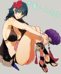 1girl 1girl alluring big_breasts bikini black_bikini blue_eyes blue_hair byleth_(fire_emblem) byleth_(fire_emblem)_(female) byleth_(summer)_(fire_emblem)_(female) closed_mouth dagger female_focus fire_emblem fire_emblem:_three_houses fire_emblem_heroes flower grey_background hair_flower hair_ornament intelligent_systems knees_up knife masakikazuyoshi nintendo official_alternate_costume sheath sheathed simple_background sitting smile swimsuit weapon
