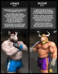 3d biceps black_hair blonde_hair bovine braford cattle cgi comic furry gay gym hair male mohawk musclegut muscles no_sex pecs red_hair rhinoceros trunks