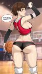 1girl alluring arm_up ass ass_focus athletic_female atlus back backboob ball baseball_bat basketball basketball_(object) blurry blurry_background blush braid brown_hair buruma closed_mouth crop_top crown_braid english_text feet_out_of_frame fit_female from_behind gluteal_fold gym high_res holding holding_baseball_bat indoors jersey knee_pads lepypepy lips looking_at_viewer looking_back makoto_niijima medium_breasts nervous_sweating paid_reward_available patreon_username persona persona_5 red_eyes red_shirt sega shiny_skin shirt short_hair sideboob silf sportswear standing sweat thighs watermark web_address wedgie wide_hips