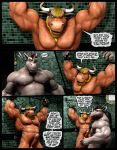 3d abs armpits ass beard biceps big_testicles black_hair blonde_hair bound bovine braford bull cattle cgi comic dialogue english_text erection facial_hair furry gay gym hair male mohawk muscles pecs penis precum red_hair rhinoceros sex testicles text uncut