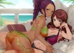 2_girls absurd_res alluring alternate_costume alternate_hairstyle ass bad_source beach big_breasts brown_hair cleavage commission commissioner_upload couch dark-skinned_female dark_skin dorothea_arnault dorothea_arnault_(summer) fire_emblem fire_emblem:_three_houses fire_emblem_heroes girl_on_top green_eyes haru_(nakajou-28) high_res intelligent_systems looking_at_viewer lying multiple_girls nintendo official_alternate_costume on_back petra_macneary ponytail purple_hair skeb_commission swimsuit