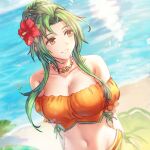1girl 1girl alluring anbe_yoshirou arms_behind_back bare_shoulders beach big_breasts bikini blurry brown_eyes cleavage collarbone commentary_request day elincia_ridell_crimea elincia_ridell_crimea_(seaside_queen) elincia_ridell_crimea_(summer) fire_emblem fire_emblem:_path_of_radiance fire_emblem:_radiant_dawn fire_emblem_heroes flower green_hair hair_bun hair_flower hair_ornament high_res intelligent_systems jewelry long_hair looking_to_the_side medium_breasts midriff navel necklace nintendo ocean off-shoulder_bikini off_shoulder official_alternate_costume orange_bikini outside parted_lips puffy_short_sleeves puffy_sleeves sarong see-through_clothes shore short_sleeves side-tie_bikini_bottom signature simple_background smile stomach strapless strapless_bikini swimsuit upper_body water