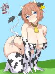 1girl artist_logo big_breasts bikini blue_eyes blush breasts brown_hair cleavage collar cow_bell cow_bell_collar cow_print cow_print_bikini cow_print_elbow_gloves cow_print_gloves cow_print_thighhighs cowbell cowbell_collar doki_doki_literature_club drawlab33t elbow_gloves fake_horns gloves long_gloves looking_at_viewer sayori_(doki_doki_literature_club) short_hair side-tie_bikini solo_female solo_focus stockings tail thick_thighs thighs