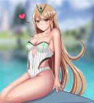 1girl 1girl alluring arm_up bare_shoulders big_breasts blonde_hair blush chest_jewel cleavage closed_mouth collarbone covered_navel female_focus gem headpiece heart highleg highleg_bikini highleg_one-piece_bikini lepypepy long_hair matching_hair/eyes mythra_(radiant_beach)_(xenoblade) mythra_(xenoblade) one-piece_bikini patreon_username ribbed_bikini shiny_skin sitting strapless strapless_one-piece_bikini striped_clothes striped_one-piece_swimsuit swept_bangs swimsuit thighs tiara two-tone_bikini vertical-striped_clothes vertical-striped_one-piece_swimsuit very_long_hair watermark web_address white_one-piece_bikini xenoblade_(series) xenoblade_chronicles_2 yellow_eyes