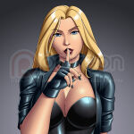 1girl arm_at_side big_breasts birds_of_prey black_canary black_canary_(young_justice) black_choker black_gloves black_jacket black_leotard black_nails blonde_female blonde_hair blue_eyes breasts choker cleavage collarbone dc_comics dcau dinah_lance eyebrows_visible_through_hair eyes_visible_through_hair female_only female_solo gloves gradient gradient_background green_arrow_(series) grey_background grey_gloves grey_jacket grin hand_up head_tilt heroine idarkshadowi_(artist) index_finger_raised jacket justice_league justice_league_unlimited leotard lips lipstick long_hair looking_at_viewer makeup nail_polish naughty_face neck open_clothes open_jacket parted_lips red_lipstick short_sleeves shushing smile straight_hair strapless strapless_leotard superhero_costume superheroine swept_bangs thedarkness upper_body young_justice