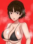 1girl 1girl 1girl 2020 alluring alternate_breast_size atlus bare_shoulders big_breasts bikini bikini_top black_bikini black_bikini_top brown_hair covered_nipples female_focus kazukine makoto_niijima open_mouth persona persona_5 red_background red_eyes sega shiny_skin short_hair silf simple_background steam steaming_body sweat sweatdrop upper_body white_skin