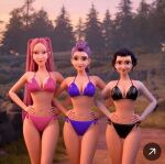 bikini kpop_demon_hunters looking_at_viewer mira_(kpop_demon_hunters) pose posing rumi_(kpop_demon_hunters) smile zoey_(kpop_demon_hunters)