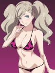 1girl 1girl 1girls alluring ann_takamaki atlus bangs big_breasts big_breasts bikini blonde blonde_hair blue_eyes blush blush cleavage clothing cognitive_ann collarbone curvy eyebrows_visible_through_hair eyelashes female_only fully_clothed gradient_background grin hairclip index_finger_raised leopard_print leopard_print_bikini lips long_hair looking_at_viewer navel persona persona_5 purple_background purple_bikini purple_swimsuit ra_pen_ sega sexually_suggestive shiny_hair shiny_skin smile standing swept_bangs swimsuit twin_tails video_game video_games voluptuous wide_hips