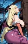 1boy1girl 1girl ai_generated blonde_hair cosplay curvy curvy_female curvy_figure dark-skinned_male dark_skin fellatio fellatio horns lusamine morrigan_aensland_(cosplay) nude pokemon pokemon_sm sex succubus_costume