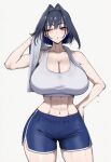1girl abs ai_generated blue_eyes blue_hair blush collarbone fit fit_female hololive hololive_english light-skinned_female midriff navel one_eye_closed ouro_kronii short_shorts shorts sports_bra sweat sweatdrop sweating tank_top thick_thighs thighs towel truck-kun_art virtual_youtuber vtuber white_background wiping wiping_sweat