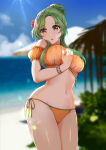 1girl 1girl absurd_res alluring bare_shoulders bead_bracelet beads big_breasts bikini blue_sky blurry blurry_background bracelet brown_eyes cloud cowboy_shot day elincia_ridell_crimea elincia_ridell_crimea_(summer) fire_emblem fire_emblem:_radiant_dawn fire_emblem_heroes flower green_hair hair_bun hair_flower hair_ornament high_res intelligent_systems jewelry long_hair looking_at_viewer navel nintendo ocean off-shoulder_bikini off_shoulder official_alternate_costume orange_bikini outside parted_lips puffy_short_sleeves puffy_sleeves red_flower short_sleeves side-tie_bikini_bottom sky standing stomach swimsuit tara_(szzj7733) thighs water