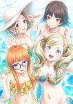 4girls ahoge alluring alternate_costume ann_takamaki atlus bikini blue_eyes braid brown_hair collarbone commentary_request crown_braid floral_print floral_print_bikini frilled_bikini frills glasses hair_ornament hairclip hat high_res light_brown_hair long_hair looking_at_viewer makoto_niijima masatoshi_1219 medium_breasts multiple_girls nave okumura_haru open_mouth orange_hair partially_submerged persona persona_5 print_bikini red_eyes ruffle_bikini sakura_futaba sega short_hair silf small_breasts smile stomach sun_hat swimsuit twin_tails v waving white_bikini white_hat