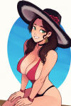 1girl 1girl absurd_res alluring big_breasts bikini black_choker black_hat bracelet brown_hair choker cleavage collarbone commentary dorothea_arnault earrings english_commentary fire_emblem fire_emblem:_three_houses green_eyes grin hat high_res intelligent_systems jewelry long_hair mismatched_bikini nintendo raichiyo33 sideboob sitting smile sun_hat swimsuit thighs