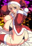  :p ass bag bikini blonde_hair blush breasts christmas green_eyes high_res huge_breasts magaki_ryouta micro_bikini nipples puffy_nipples santa_costume santa_hat sideboob sitting smile string_bikini swimsuit tongue undressing 