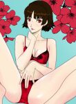 1girl 1girl 1girl alluring atlus bra brown_hair cypher_ink makoto_niijima panties persona persona_5 presenting_pussy pussy red_eyes sega short_hair silf spread_legs underwear