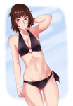 1girl 1girl alluring atlus big_breasts bikini black_bikini black_swimsuit brown_hair crown_braid hand_behind_head looking_at_viewer makoto_niijima midriff navel o-ring o-ring_bikini o-ring_swimsuit persona persona_5 red_eyes sega short_hair side-tie_bikini side-tie_swimsuit silf swimsuit urbatman