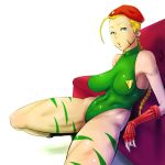 1girl ahoge antenna_hair bare_shoulders beret blonde_hair blue_eyes braid breasts cammy_white capcom couch fingerless_gloves green_leotard hat highleg_leotard impossible_clothes large_breasts leotard locketmonkey navel open_mouth scar single_braid skin_tight solo spread_legs squatting street_fighter thighs thong_leotard twin_braids white_background