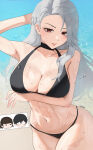 1boy 1girl 2_girls absurd_res alluring atlus big_breasts bikini black_bikini black_hair blush brown_eyes brown_hair cleavage glasses grey_hair high_res long_gray_hair long_hair looking_at_viewer makoto_niijima male midriff multiple_females multiple_girls n7grey navel persona persona_5 red_eyes ren_amamiya sae_niijima sega short_hair siblings silf sisters swimsuit