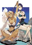 2_girls alluring arm_up arms_behind_back artistic_error barefoot big_breasts bikini black_one-piece_bikini blonde_hair blue_eyes blue_hair breasts catherine_(fire_emblem) catherine_(summer)_(fire_emblem) choker cleavage crossed_arms crossed_legs dark-skinned_female dark_skin fire_emblem fire_emblem:_three_houses fire_emblem_heroes flag flagpole flower grin hair_flower hair_ornament high_heel_sandals holding holding_flag masakikazuyoshi multiple_girls nintendo official_alternate_costume on_rock one-piece_bikini ponytail realistic sandals shamir_nevrand shamir_nevrand_(summer) short_hair sitting smile swimsuit white_bikini wrong_foot