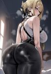 1girl 1girl ai_generated ass ass_focus back bangs bare_shoulders big_breasts blonde_hair blush braid breasts breath earrings evelyn_chevalier female_only from_behind hair_ribbon heavy_breathing huge_ass huge_breasts light-skinned_female looking_at_viewer looking_back ribbon sleeveless steam sweat thighs truck-kun_art zenless_zone_zero