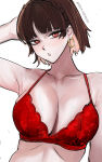 1girl 1girl absurd_res alluring atlus blunt_bangs blush bra braid brown_hair cleavage crown_braid earrings high_res hoop_earrings jewelry looking_at_viewer makoto_niijima medium_breasts nero_watch persona persona_5 red_bra red_eyes sega short_hair silf simple_background underwear