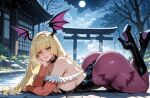 1girl ai_generated ass blonde_hair cosplay curvy curvy_female curvy_figure horns lusamine lying_on_stomach morrigan_aensland_(cosplay) pokemon pokemon_sm succubus_costume