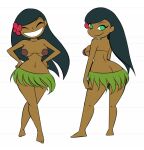 1girl 1girl ass ass_cleavage ass_crack barefoot big_ass big_ass big_breasts black-haired_female black_hair bra breasts breasts_apart butt_crack calumba cartoon_network closed_eyes coconut_bra dark-skinned_female dark_skin dexter's_laboratory eyelashes feet female_only flower flower_in_hair grass_skirt green-eyed_female green_eyes grin hair_flower hand_on_hips hawaiian high_res hourglass_figure hula human leaf_skirt long-haired_female long_black_hair long_hair looking_at_viewer looking_back looking_over_shoulder model_sheet navel no_panties pepipopo sideboob skimpy smile smile_at_viewer toes tropical very_long_hair waist_length_hair white_background wide_hips