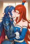 2_girls ai_generated bare_shoulders bedroom blue_dress blue_hair breast_grab closed_eyes crossover embrace female_focus fire_emblem fire_emblem_awakening fishnets huge_breasts kissing long_sleeves lucina lucina_(fire_emblem) mei_terumi multiple_girls naruto_(series) naruto_shippuden red_hair squeezing squeezing_breast terumi_mei yuri
