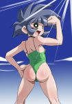  1girl :d ass beach black_hair bob_cut buttercup_(ppgz) green_eyes hikawadou kaoru_matsubara magical_girl photoshop powerpuff_girls_z smile solo swimsuit 