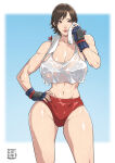 1girl absurd_res alluring athletic_female bloomers blurry blurry_background brown_eyes brown_hair cirenk commission crop_top fit_female hand_on_own_hip high_res kazama_asuka namco red_bloomers short_hair sweat tekken underwear vest white_vest