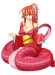  1girl breasts cleavage fangs flower flying_sweatdrops hair_flower hair_ornament inui_takemaru japanese_clothes kimono lamia long_hair looking_at_viewer miia_(monster_musume) monster_girl monster_musume_no_iru_nichijou official_art okayado open_clothes open_mouth pointy_ears ponytail simple_background slit_pupils solo white_background yellow_eyes 