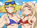 2_girls alluring bare_shoulders bikini blonde_hair blue_sky cleavage cloud high_res karbuitt kid_icarus kid_icarus_uprising light_brown_hair long_hair medium_breasts multiple_girls nintendo ocean one_eye_closed phosphora ponytail purple_eyes short_hair sky sunglasses swimsuit under_boob upper_body v viridi water wink