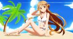 1girl alluring asuna_(sao) auburn_hair bare_legs barefoot beach bikini blue_sky brown_eyes cleavage medium_breasts ocean pin_up shugo19 sword_art_online