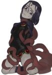1girl bad_link dc_comics feason feet_out_of_frame female forehead_jewel leotard purple_eyes purple_hair raven_(dc) short_hair simple_background sweat teen_titans tentacle tentacle_around_neck tentacle_grab thighs white_background