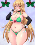 1girl 1girl 1girl alluring big_breasts bikini blonde_hair blush chocker christmas_outfit female_only green_bikini green_bra green_panties hand_on_hip hips long_gloves long_hair looking_at_viewer mythra_(xenoblade) nintendo smile smile_at_viewer solo_female sugarbell thick_thighs thighs wide_hips xenoblade_(series) yellow_eyes