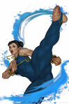 1girl black_eyes black_hair blue_bodysuit bodysuit bracelet breasts capcom chinese_clothes chinese_female chun-li clenched_hand dima_ivanov earrings expressionless female_only female_solo fighting_stance hair_bun half-closed_eyes high_kick jewelry kicking leg_lift lips lipstick looking_at_viewer makeup neck parted_lips pose posing red_lipstick serious short_hair skin_tight sleeveless sleeveless_bodysuit small_breasts standing standing_on_one_leg street_fighter street_fighter_zero tied_hair white_background white_earrings