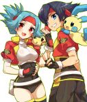  1boy 1girl black_hair blue_eyes blue_hair blush fanny_pack fingerless_gloves gloves grin headband hinata_(pokemon) irouha jacket kazuki_(pokemon) leotard looking_at_viewer lunick minun open_mouth plusle pokemon pokemon_ranger red_eyes smile v white_background 