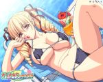  big_breasts bikini blonde_hair breasts cherry_(fruit) drill_hair drink long_hair lounge_chair lying magaki_ryouta oshioki_sweetie red_eyes shinmeiji_rinn swimsuit twin_tails 