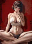 1girl absurd_res alluring areola athletic athletic_female atlus bangs bare_arms bare_legs bare_shoulders bare_skin bare_thighs barefoot big_breasts breast_squish breasts brown_hair child_bearing_hips cute_face dandon_fuga female_abs female_focus female_only fit fit_female genitals high_res high_resolution hips large_filesize light-skinned_female light_skin looking_at_viewer makoto_niijima megami_tensei navel nipples nude_female persona persona_5 red_background red_eyes shirt shirt_only silf simple_background sitting sitting_down spread_legs stomach thick_thighs thighs toes toned toned_body toned_female toned_stomach very_high_resolution