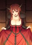 1girl breasts brown_hair cleavage curtsey fur_trim horns long_hair maou_(maoyuu) maoyuu_maou_yuusha miyai_max red_eyes smile solo