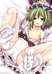  1girl breasts collarbone feet female flat_gaze green_eyes green_hair hat hat_ribbon kurona legs_up lying nipples no_shoes off_shoulder on_back open_clothes open_shirt panties ribbon shiki_eiki shikieiki_yamaxanadu shirt short_hair skirt socks solo spread_legs spread_pussy_under_clothes sweat tears touhou underwear upskirt white_panties 