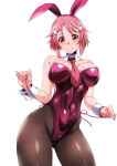1girl airando alluring alternate_costume animal_ears big_breasts brown_pantyhose cleavage detached_collar fake_animal_ears fishnet_pantyhose fishnets freckles hair_ornament hairclip high_res island_(kossori) leotard lisbeth lisbeth_(sao) neck_tie pantyhose pink_eyes pink_hair playboy_bunny rabbit_ears short_hair smile strapless strapless_leotard sword_art_online white_background
